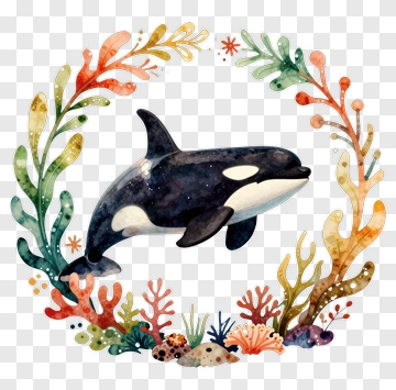 Watercolor Orca Swimming In A Coral Reef PNG