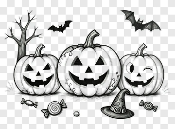 Halloween Pumpkins With Candy And Bats PNG