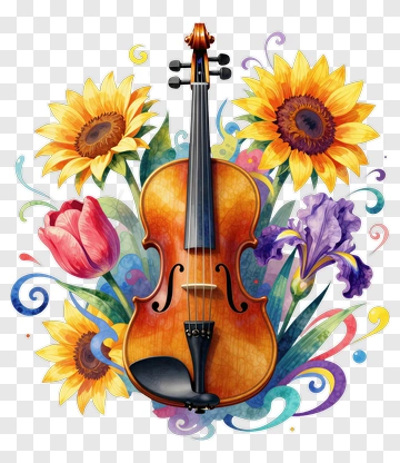 Violin Surrounded By Colorful Flowers PNG
