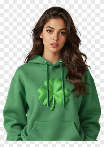 Woman Wearing Green Hoodie With Shamrock Design PNG