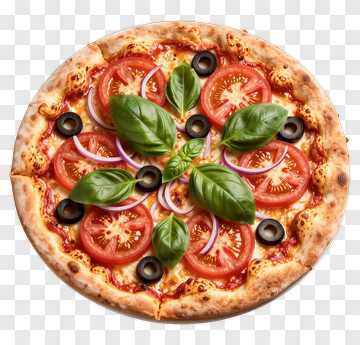 Pizza With Tomatoes, Olives, And Basil PNG