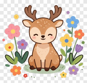 Cute Cartoon Deer Surrounded By Colorful Flowers PNG