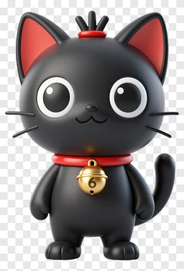 Cute Black Cat Character With Red Collar PNG