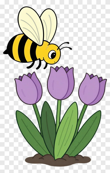Cartoon Bee Flying Over Purple Tulips PNG