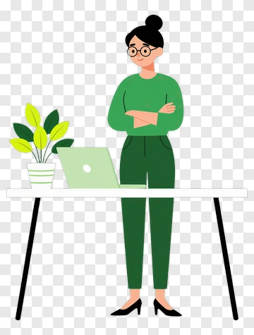 Woman Standing At A Desk With A Laptop And Plant PNG