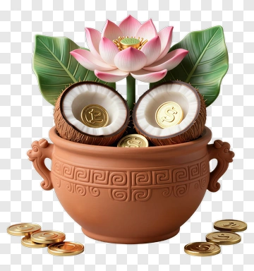 Ceramic Pot With Lotus Flower And Gold Coins PNG