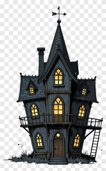 Cartoon Haunted House With Lit Windows PNG