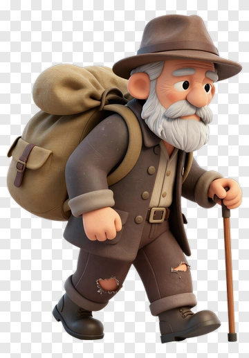 Cartoon Elderly Man With Backpack And Walking Stick PNG