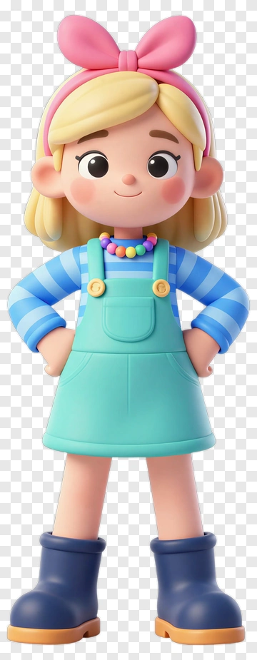 Cartoon Girl In Blue Striped Shirt And Green Overalls PNG