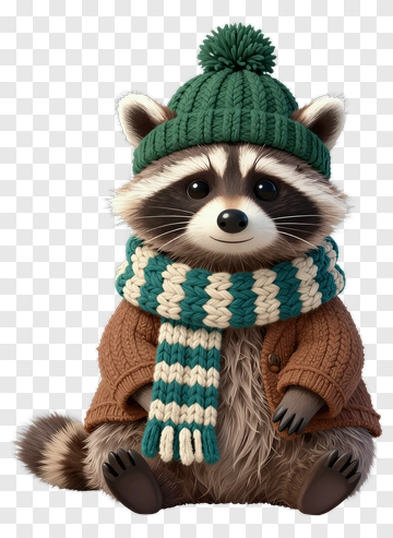 3D Raccoon Wearing A Green Hat And Scarf PNG