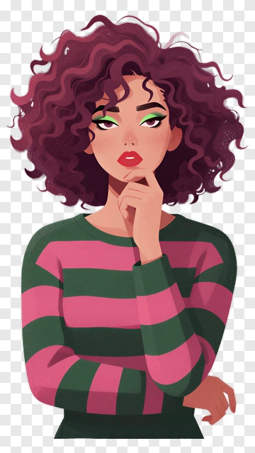 Thoughtful Woman With Curly Hair In Striped Sweater PNG
