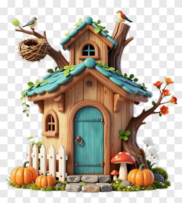 Colorful Treehouse With Pumpkins And Birds PNG