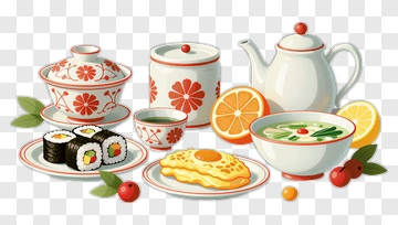 Japanese Cuisine Display With Sushi And Tea PNG