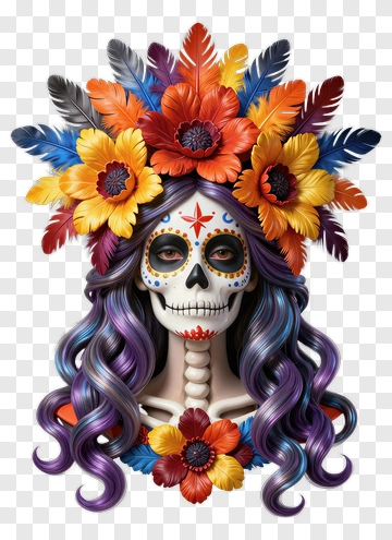 Colorful Sugar Skull With Floral Headdress PNG