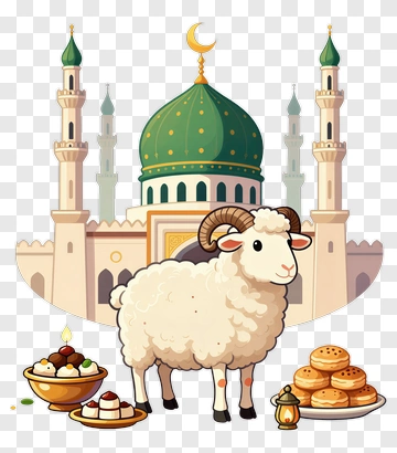 Cartoon Sheep With Traditional Foods And Mosque PNG