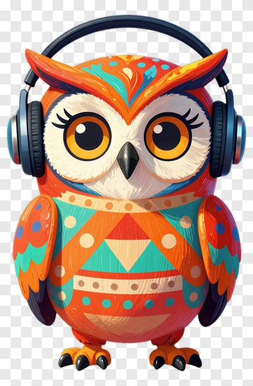 Colorful Cartoon Owl Wearing Headphones PNG