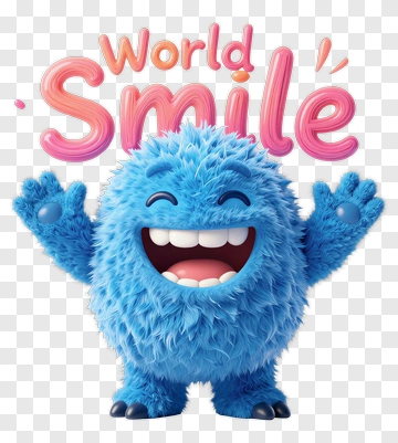 Cartoon Blue Monster Smiling With World Smile Text PNG