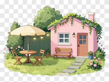 Charming Pink Cottage With Outdoor Seating PNG