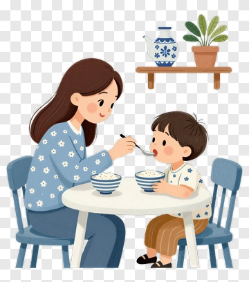 Mother Feeding Child At A Table PNG