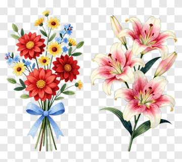 Flower Bouquet With Red Daisies And Pink Lilies PNG