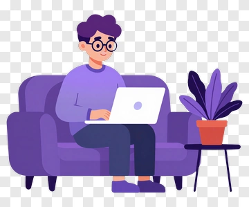 Cartoon Man Working On Laptop In Living Room PNG