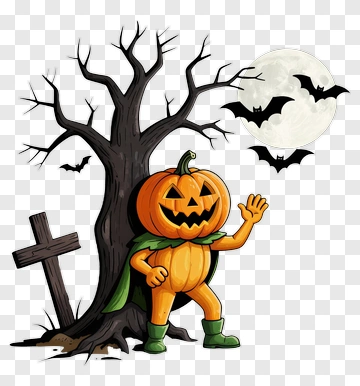 Cartoon Pumpkin Character By A Spooky Tree PNG