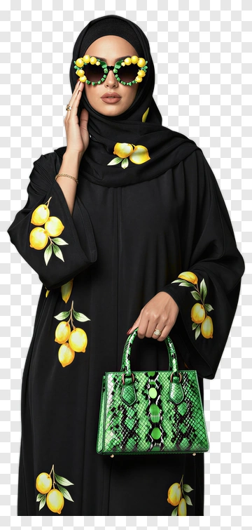 Woman Wearing Black Abaya With Lemon Design And Green Handbag PNG