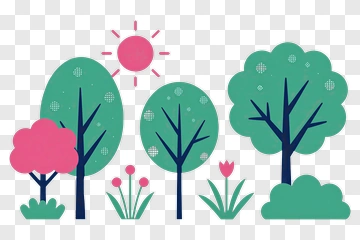 Colorful Cartoon Trees And Sun PNG