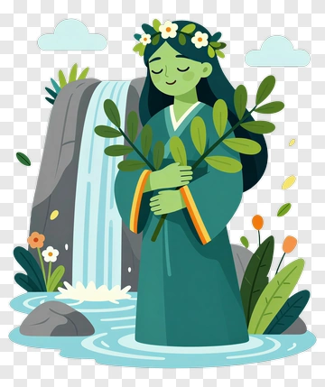 Nature Spirit Holding Branches By A Waterfall PNG