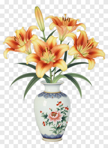Orange Lily Bouquet In Decorative Vase PNG