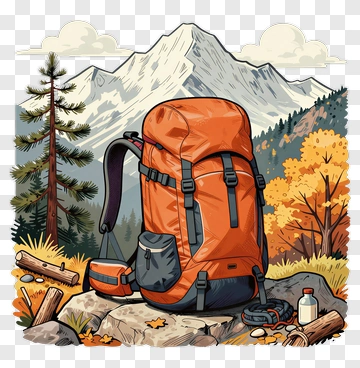 Orange Hiking Backpack In Autumn Landscape PNG