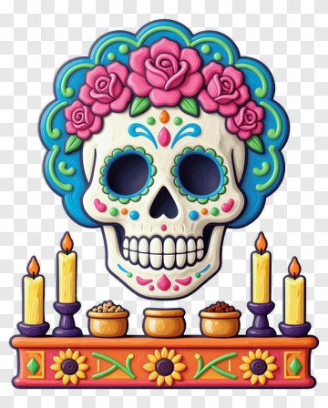 Colorful Sugar Skull With Candles And Flowers PNG