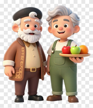 Cartoon Farmer And Boy Holding Fruit Plate PNG