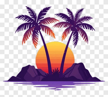 Tropical Sunset With Palm Trees And Rocks PNG