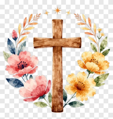 Wooden Cross Surrounded By Floral Arrangement PNG