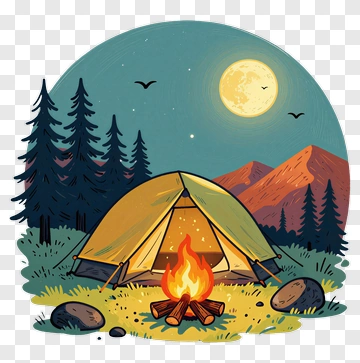 Camping Scene With Tent And Campfire PNG