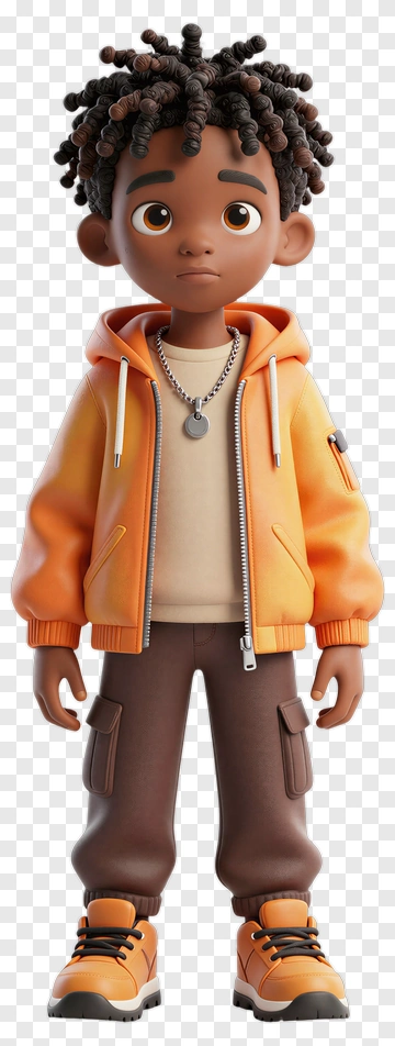 3D Boy In Orange Hoodie And Brown Pants PNG