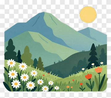 Mountain Landscape With Flowers And Sun PNG