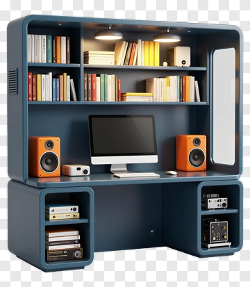 Modern Desk With Books And Speakers PNG