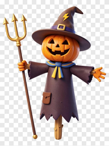 Cartoon Pumpkin Scarecrow Holding A Trident PNG