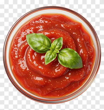 Bowl Of Tomato Ketchup With Fresh Basil Leaves PNG