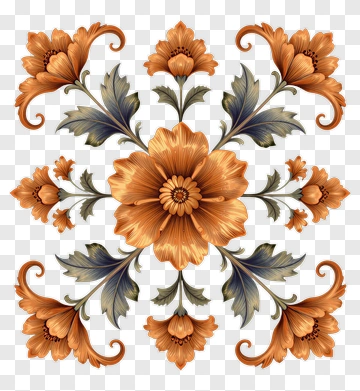 Ornate Floral Pattern With Orange And Blue Flowers PNG