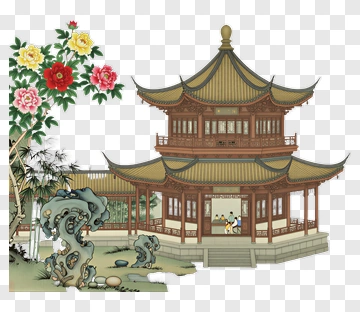 Traditional Asian Pavilion Surrounded By Flowers PNG