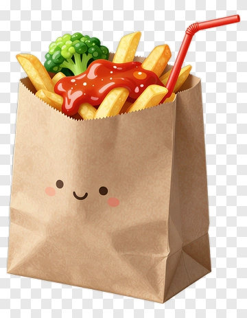Cartoon Fast Food Bag With Fries And Broccoli PNG