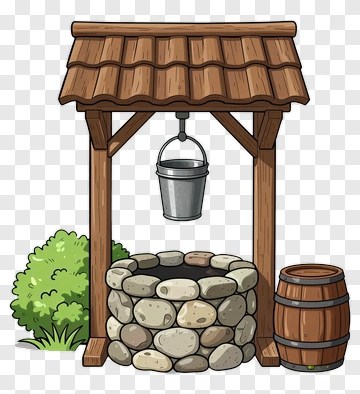 Cartoon Well With Bucket And Barrel PNG