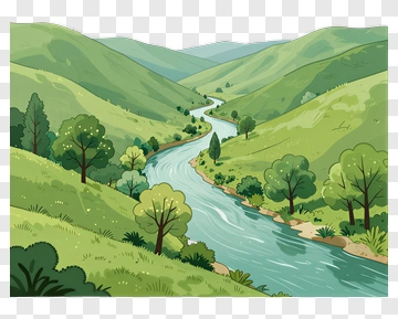 Scenic River Flowing Through A Green Valley PNG