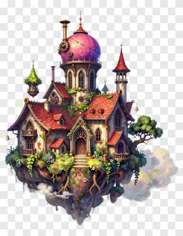 Whimsical Floating House With Colorful Details PNG