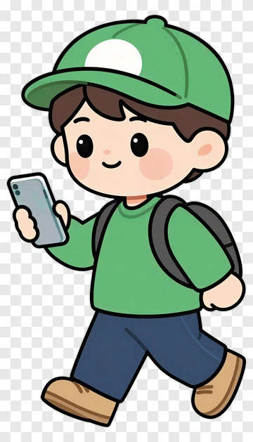 Cartoon Boy Walking With A Smartphone PNG