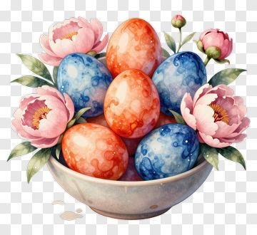 Colorful Easter Eggs In A Floral Bowl PNG