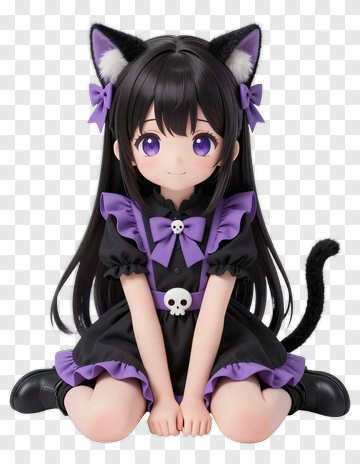 Cat Girl Doll In Black And Purple Outfit PNG
